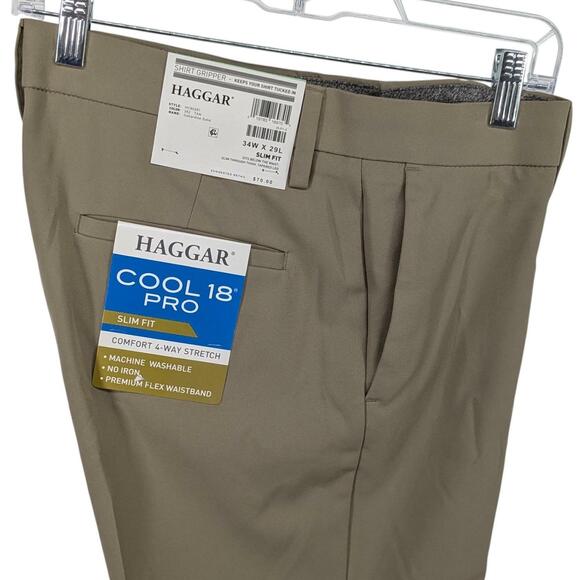 Haggar Other - Haggar Mens Cool 18 Pro Comfort Waistband Slim Fit Flat Front Pant Beige 34 x 29